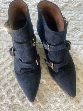 Laurence Dacade Black Suede Pointed Ankle Booties with Gold Buckles 8.5